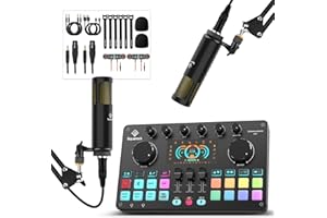SQUAROCK Podcast Equipment Bundle for 2,Audio Interface with DJ Mixer All-In-One with Dynamic Microphone Fitted Vocal Mic Voice Recording Streaming Singing
