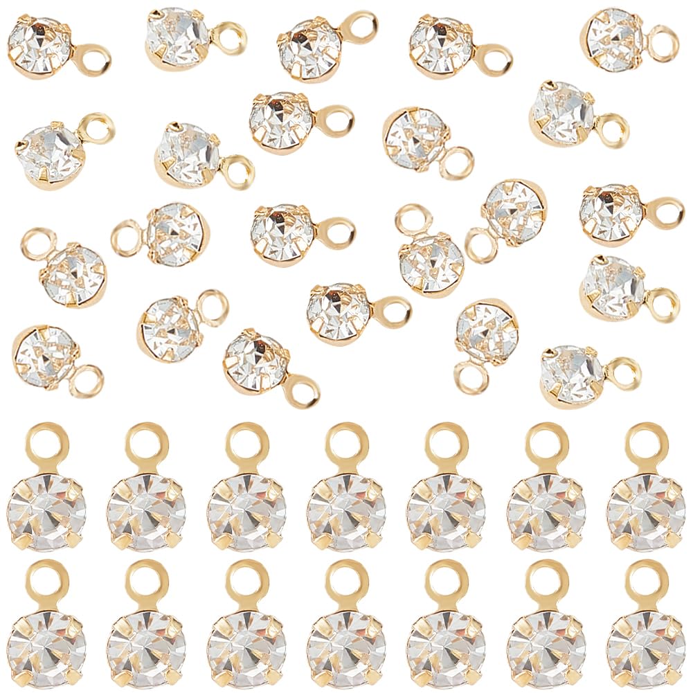 Beebeecraft 1 Box 50Pcs Crystal Charms 18K Gold Plated Round Rhinestone Charms with 1mm Hole for DIY Jewelry Making (5.5x3.5mm)