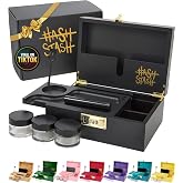 HASHSTASH OG Large Bamboo Storage Box with Combination Lock &amp; 3 Jars | Magnetic lid, removable organizer tray, airtight tube, 3 glass jars - discreet decorative wooden lock box