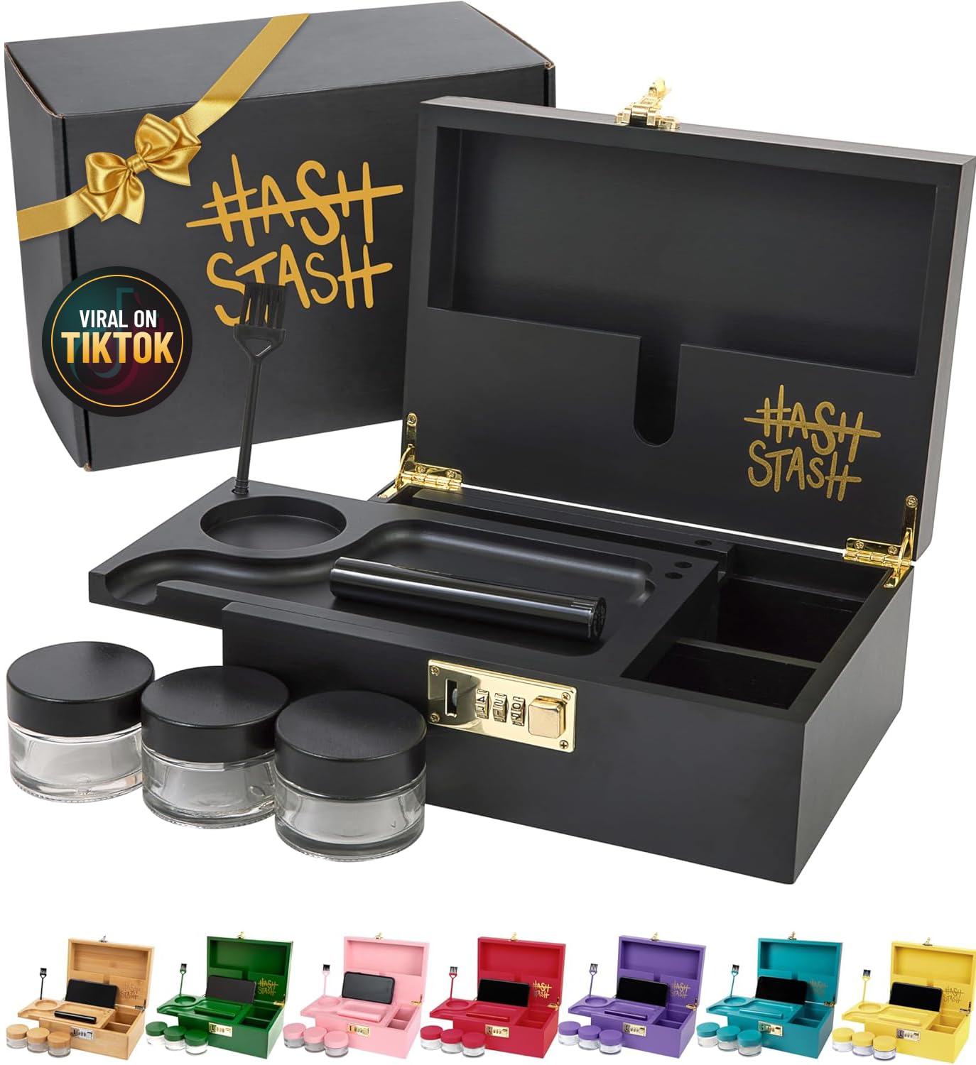 The OG Storage Box - Large Bamboo Box with Combination Lock, Magnetic Lid, Organizer Tray, Airtight Tube and 3 Smell-Proof Jars - Discreet Decorative Locking Wooden Box with Accessories (Black/Gold)