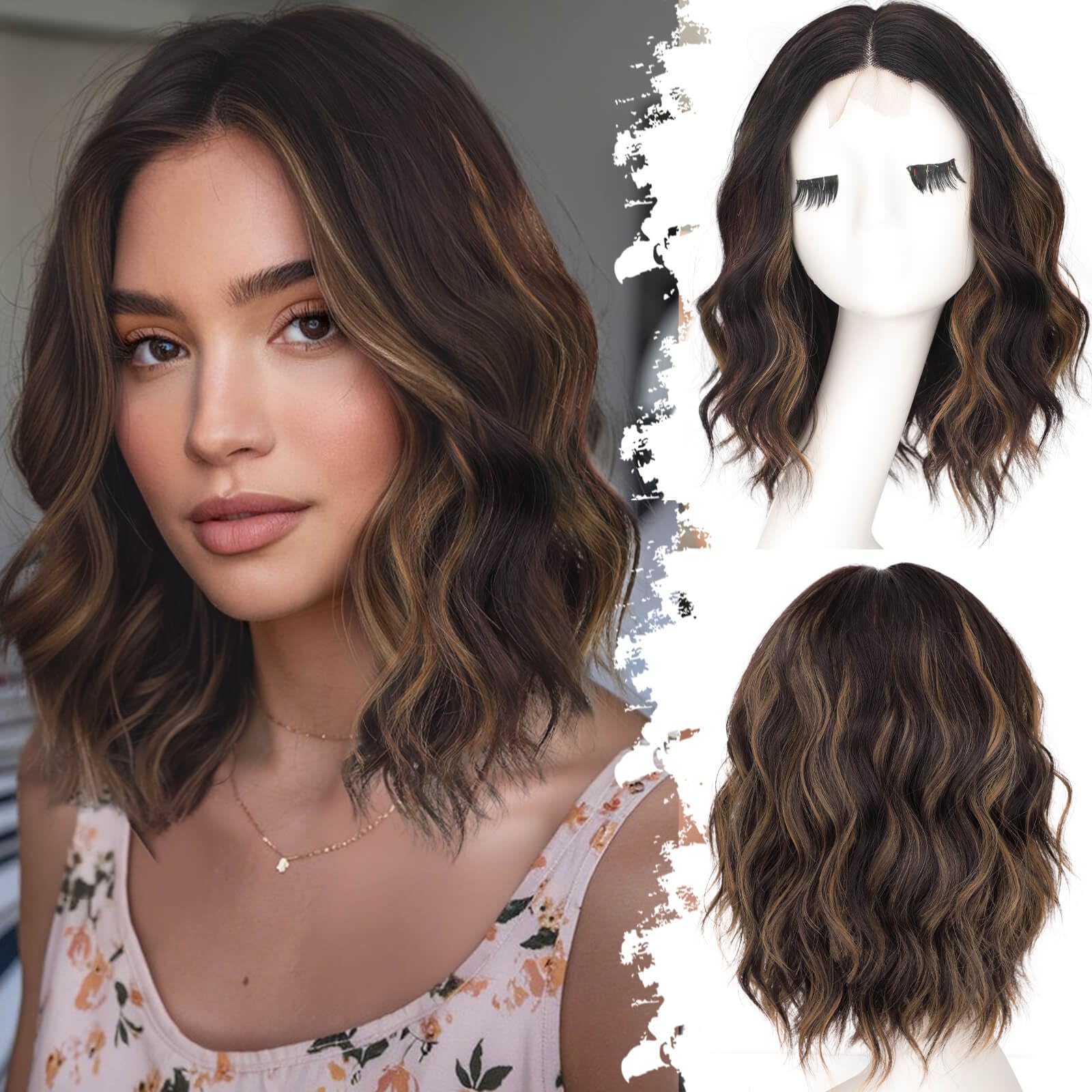 Photo 1 of Eawwii Dark Brown with Caramel Highlights Short Wavy Wig for Women Lace Hairline Bob Style Synthetic Heat Resistant - Natural Appearance for Everyday Hairstyle 14 Inch