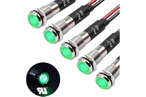 FILN 5Pcs 8MM (5/16'') Indicator Light led Indicator 110V 220V Metal Pilot Lamp Lights Aluminum Black Anodized Waterproof ip67 Red Signal Lamp Light(110V-Brass Nickel Plated-Green 5Pcs)