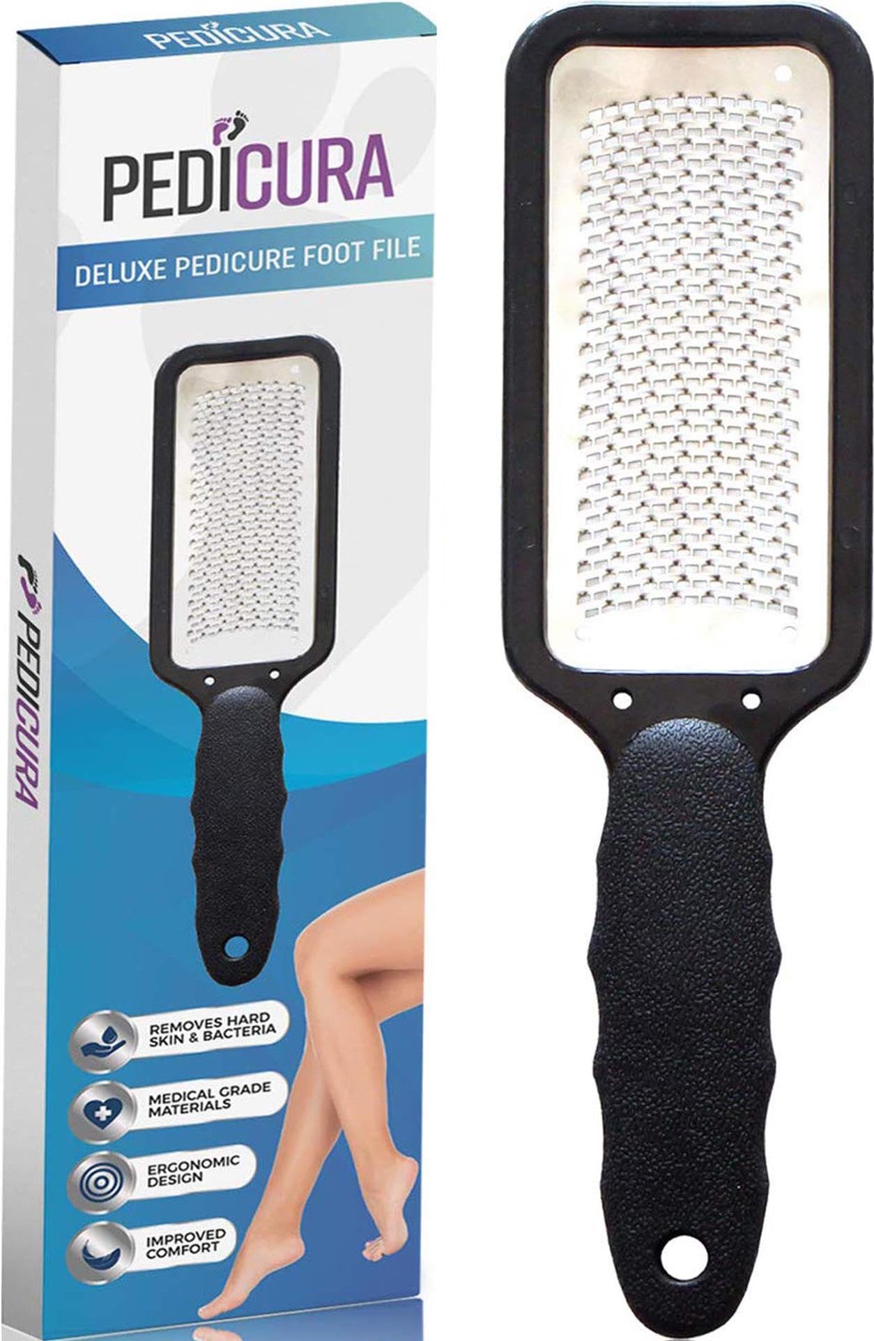 PediCura Professional Foot File and Callus Remover - Large Stainless Steel Foot Scraper for Hard Skin and Cracked Heels - Professional Pedicure Tool for Wet or Dry Feet - Durable Metal Rasp