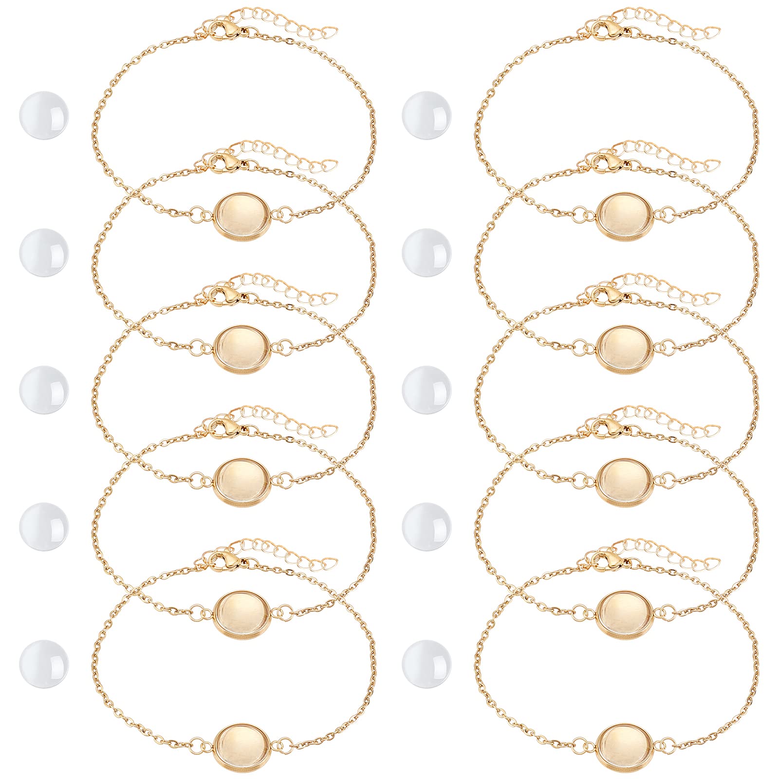 NBEADS 10 Sets Bracelet Bezel Settings, Gold Tray Making Kit Including Pcs Stainless Steel Chain with Jewelry Base and Glass Cabochons 50 Jump Rings for Making, 18cm