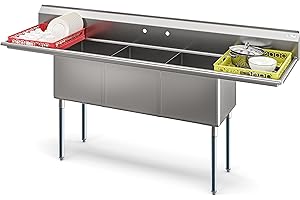 KoolMore 90 in. Three Compartment 18-Gauge Stainless-Steel NSF Commercial Kitchen Sink, Bowl Size 18x18x14, with Three Basins and Pre-Drilled Faucet Holes and Two Drainboards (KM-SC181814-18B3)