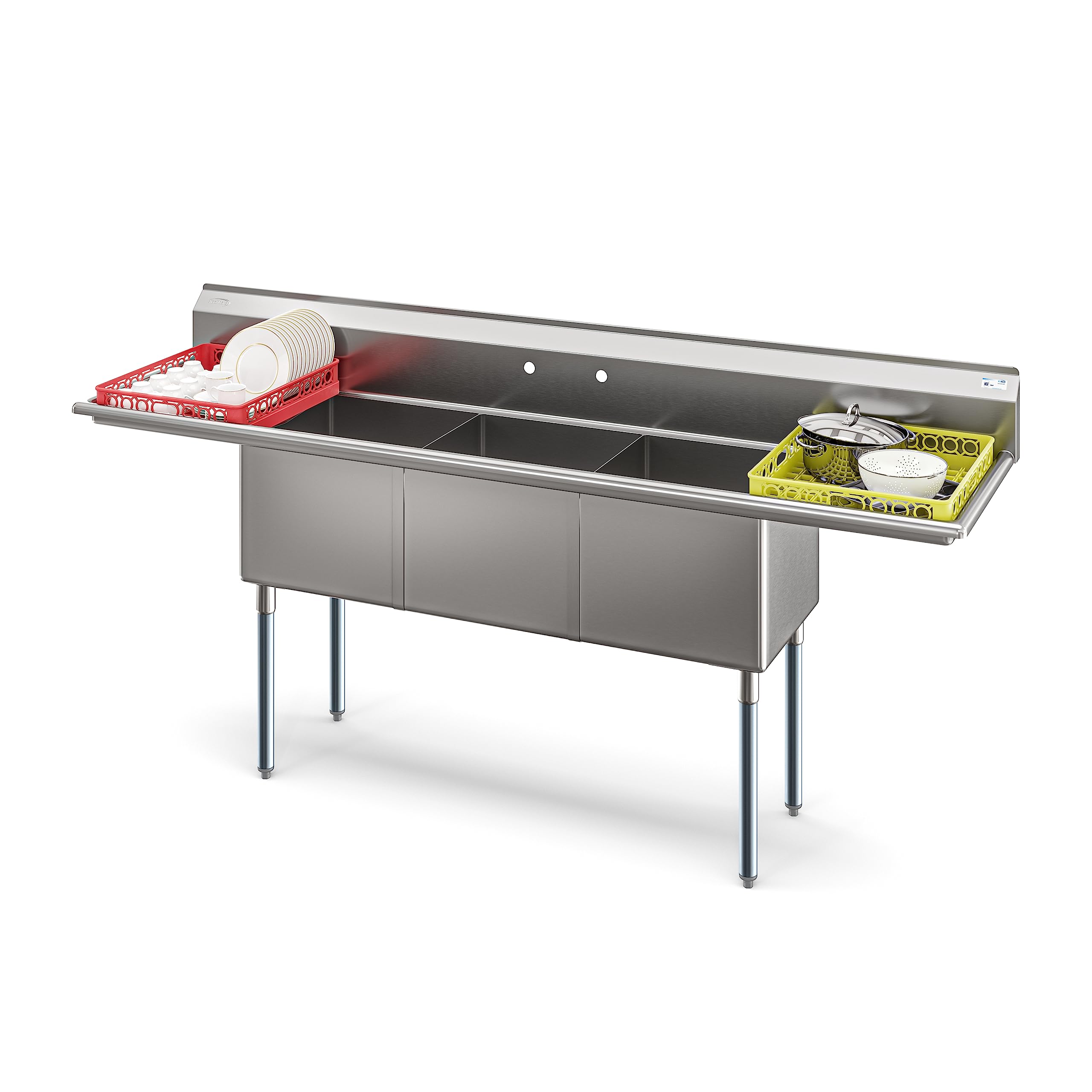 Photo 1 of KoolMore 90 in. Three Compartment 18-Gauge Stainless-Steel NSF Commercial Kitchen Sink, Bowl Size 18x18x14, with Three Basins and Pre-Drilled Faucet Holes and Two Drainboards (KM-SC181814-18B3)