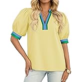 Tankaneo Womens Color Block Puff Sleeve Tops Dressy Casual V Neck Cotton Blouses Summer Loose Fit Tees Shirts