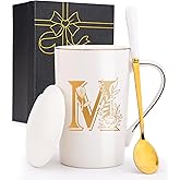 Jmugmt Letter M Personalized Initial Mugs with Flower, Letter M Personalized Coffee Mug, Customized Cool Letter Mugs for Women, Bridal Shower Gifts, Women's Initials Gifts Mug 14 OZ Matte White