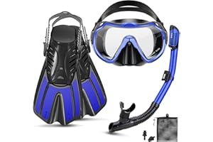 CTSAYTL Snorkeling Gear for Adults, 4 in 1 Travel Size Mask Fins Snorkel Set with Panoramic View Anti Fog Mask, Dry Top Snorkel, Trek Fins and Travel Bag, Snorkel Gear for Swimming Diving Snorkeling