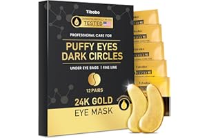 Tibobo Under Eye Patches (12 Pairs) - 24K Gold Eye Masks Enriched with Abundant Collagen for Dark Circles, Puffy Eyes, Wrinkles - Gifts for Women Skin Care - Vegan & USA Tested