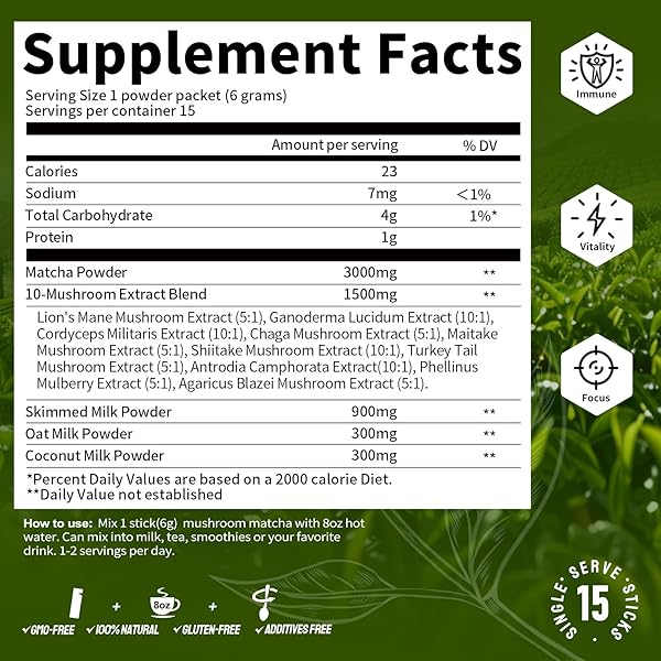 MUTSWEET MATCHA GREEN TEA POWDER WITH 10-IN-1 MUSHROOM & SKIMMED MILK POWDER, GLUTEN-FREE, NON-GMO, SWEETENED MATCHA LATTE BLEND, FOR NATURAL ENERGY, MEMORY, IMMUNE SUPPORT, PORTABLE 30 PACKETS