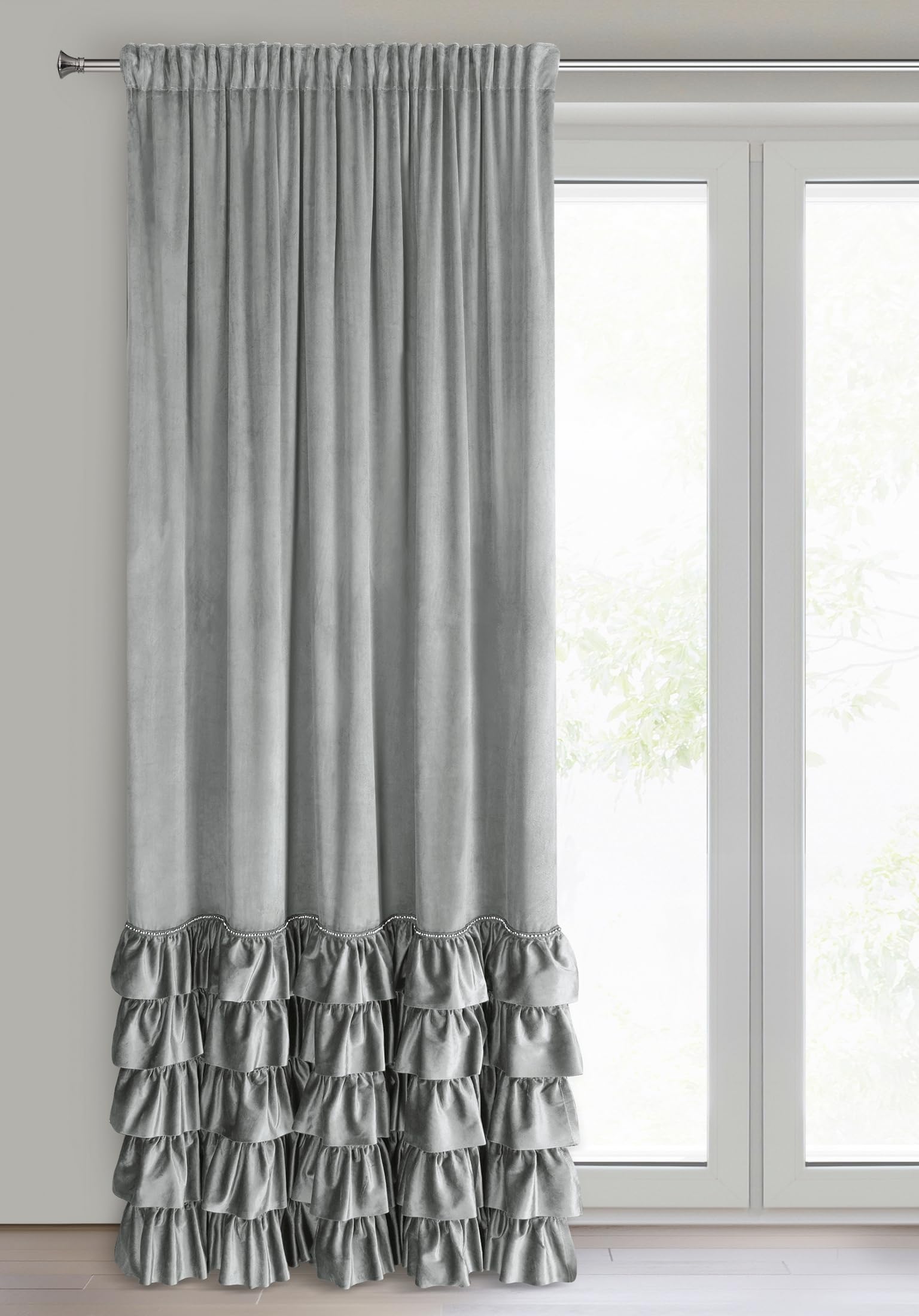 Eurofirany Carli Velvet Curtain with Ruffle Tape, 1 Piece, Opaque Blackout Curtain for Living Room, Bedroom, 140 x 250 cm, Grey