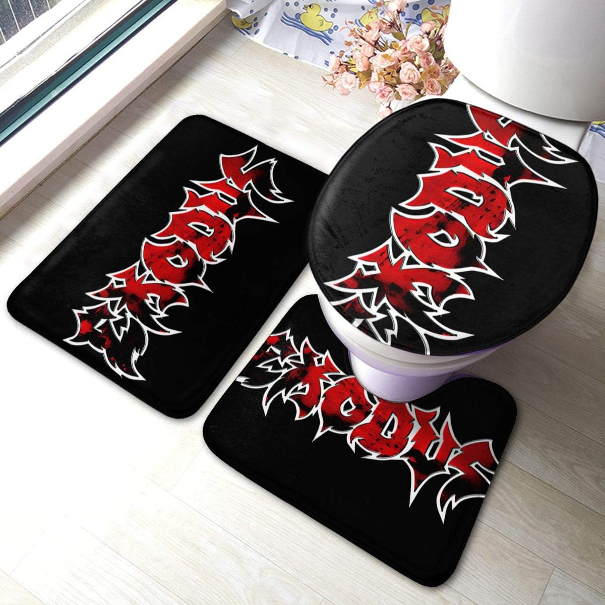 Japan Anime Exodus Band Logo Bathroom Three-Piece Set, Bathroom Carpet Set, Non Slip Bath Mat, U-Shaped Contour Rug and Toilet Lid Cover