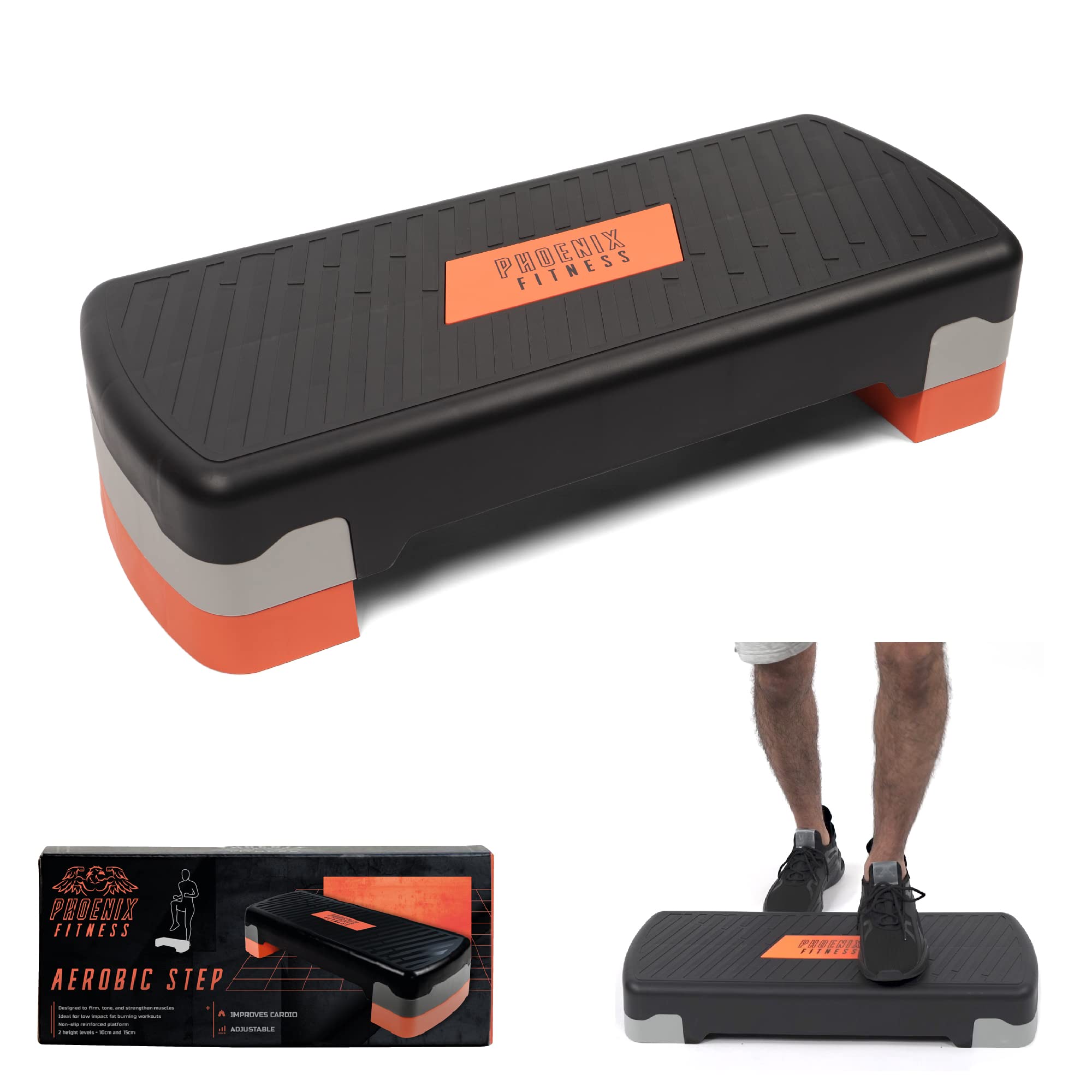 Phoenix Fitness Aerobic Stepper - Adjustable Step Platform for Exercise, Fitness, HIIT & Cardio Workout - Non-Slip Step Up Board with Risers for Home & Gym - Height: 10cm & 15cm
