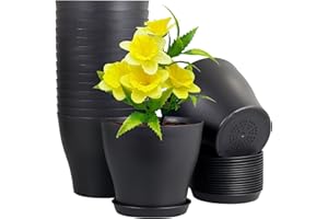 Meowell 6 inch Plastic Nursery Pots, 16 Pack Plant Pots for Small Indoor Outdoor Plants, Flower Pots with Drainage Holes and Saucers, Decorative Seedling Starter Planters for House Plants, Black