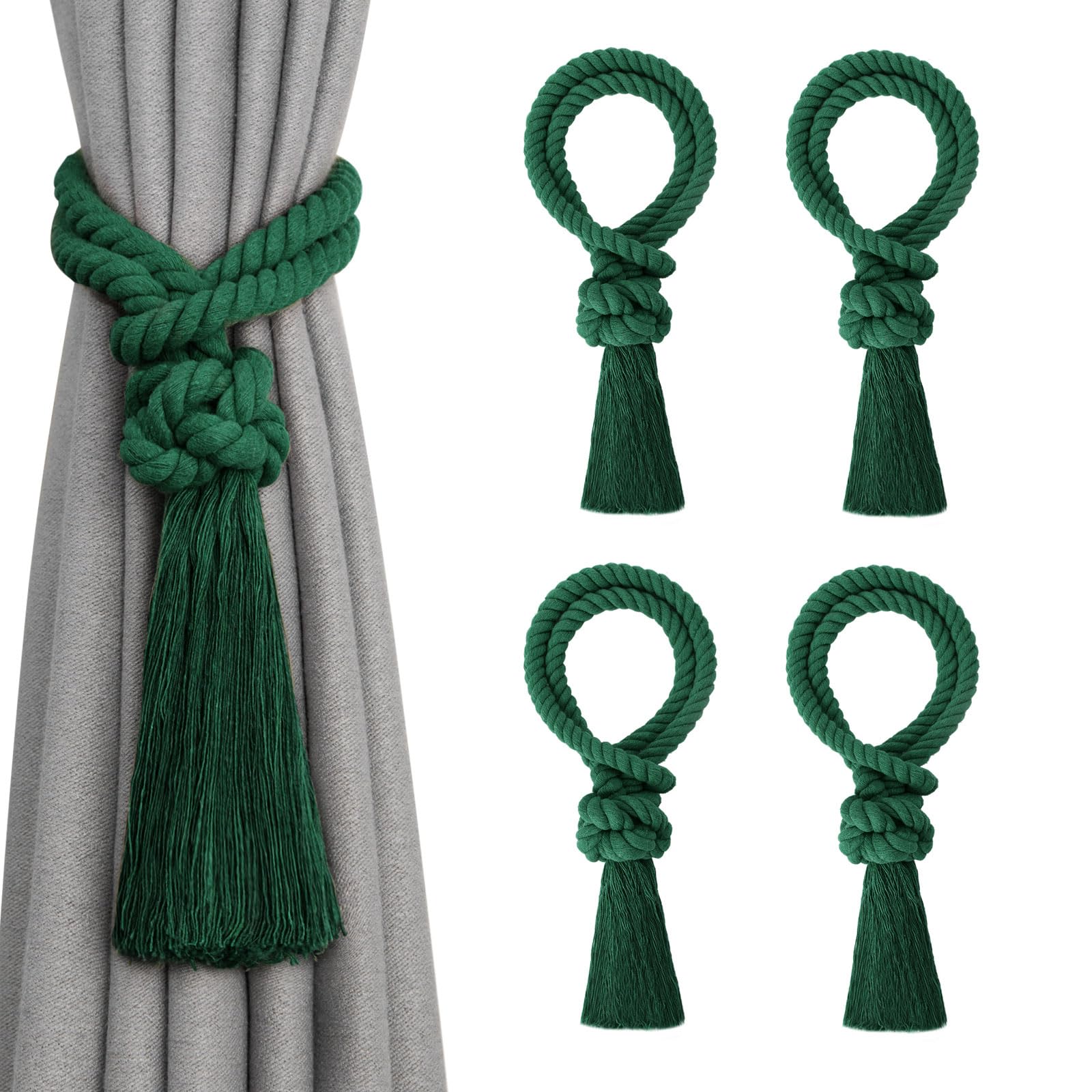 Pretty Jolly 4 Pack Natural Cotton Rope Tassel Curtain Tiebacks Boho Home Decor Drape Tie Backs Hand Woven Ball Curtain Holdbacks for Thin & Thick Home & Office Window Draperies (Green)