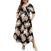 Nemidor Womens Casual Plus Size Summer Maxi Dresses Boho Print Flared Long Dress with Pocket 14-26