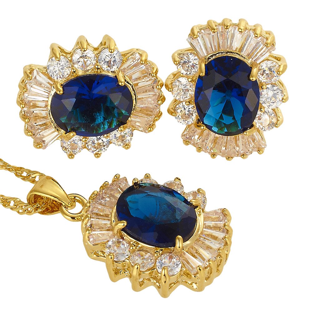 RIZILIA Jewellery Set Pendant with 45cm(18") Chain & Stud Earrings Oval Cut Gemstones CZ [Blue Sapphire] in 18K Yellow Gold Plated, Simple Modern Elegance