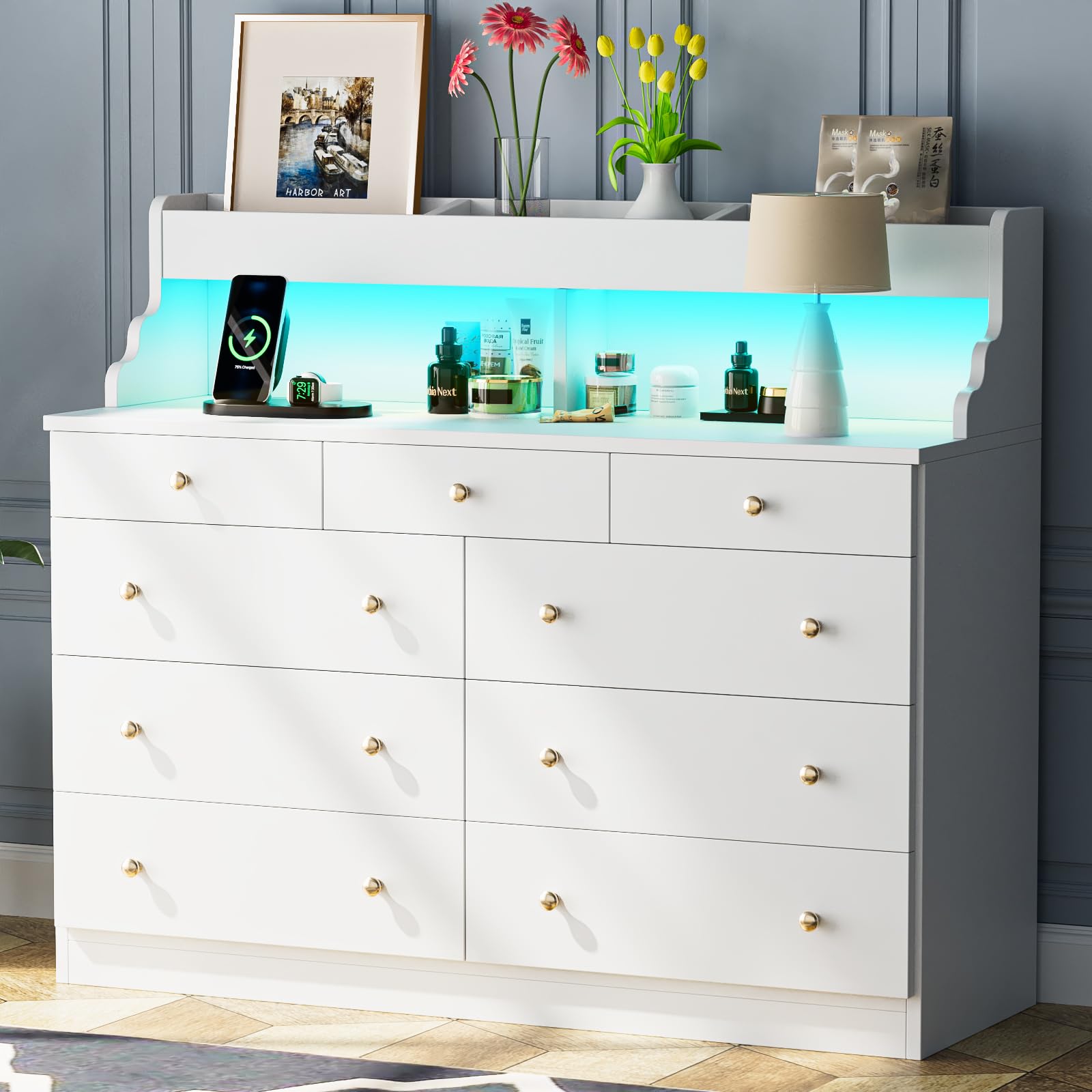 Photo 1 of ***PARTS ONLY***
Yeyawomy 9 Drawers Dresser with LED Light, Dresser for Bedroom with Power Outlet, Modern Chest of Drawers, Storage Dresser with Open Storage Space, Dressers & Chests of Drawers for Closet (White)