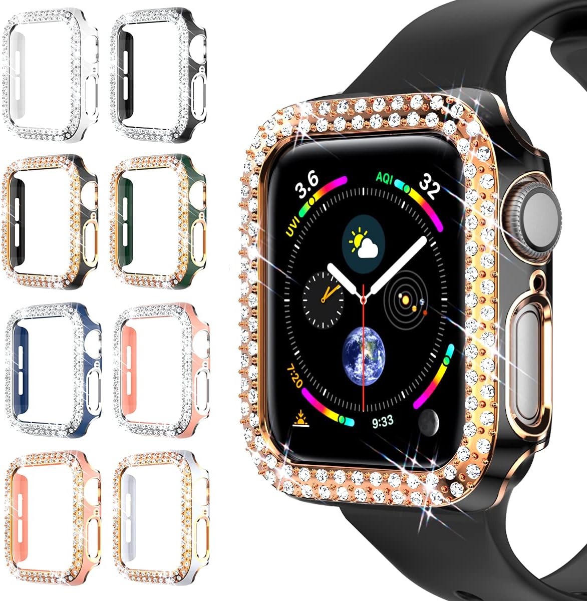 8 Pack Bling Case Compatible with Apple Watch 40mm Series SE 6/5/4, Bling Cover Double Diamonds Rhinestone Bumper Protective Frame for iWatch 40mm Series 6/5/4/SE Women Men
