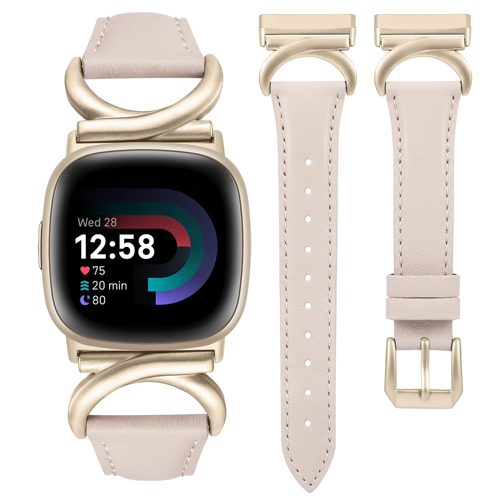 TOYOUTHS Leather Strap Compatible with Fitbit Versa 4/Versa 3/Sense 2 Women Slim Thin Dressy Premium Leather Strap with C-Shaped Metal Buckle for Versa 4, Starlight/Champagne Gold