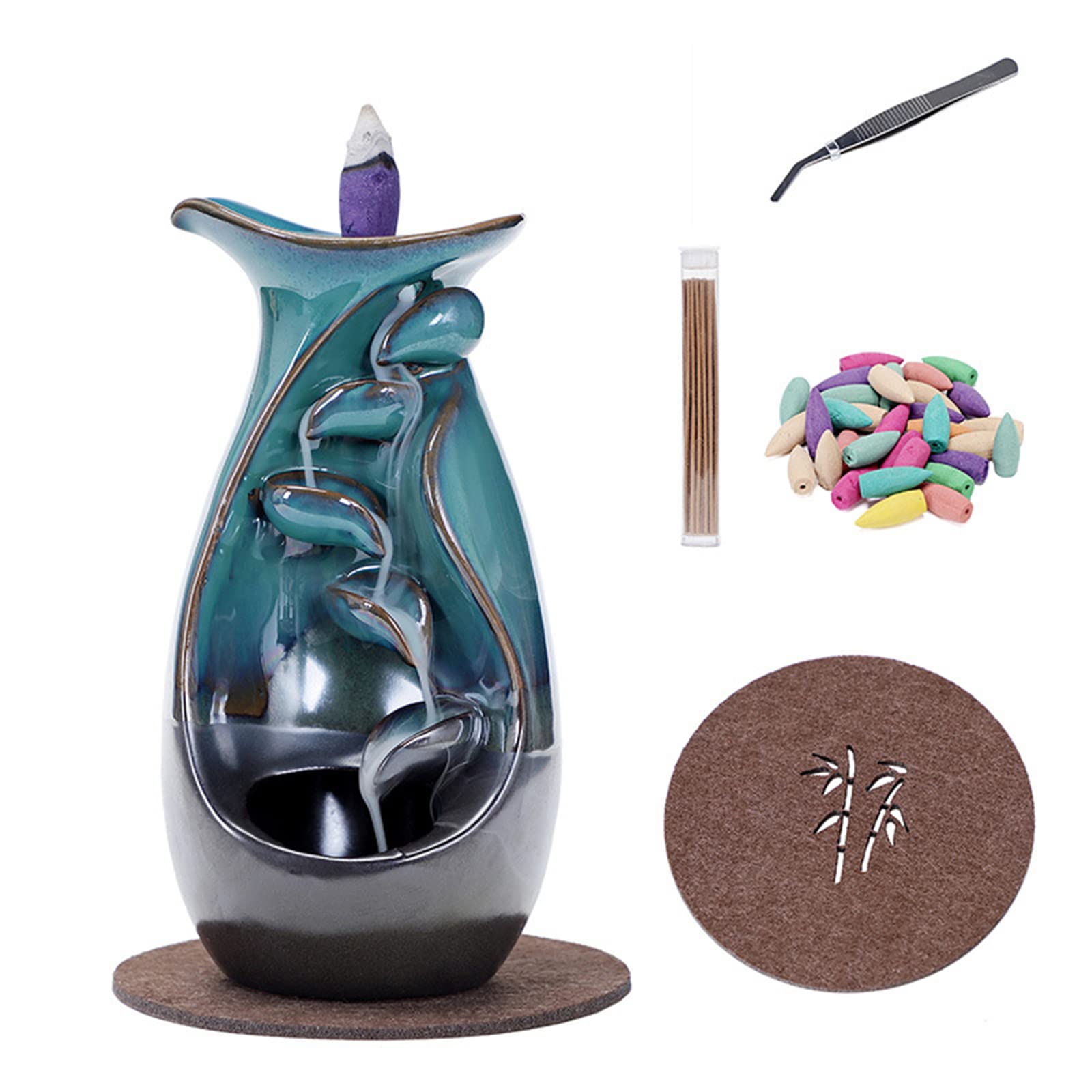 Ceramic Backflow Incense Holder, Waterfall Incense Burner - 20 Cones & 30 Incense Sticks, Aromatherapy Home & Desk Decor (B)