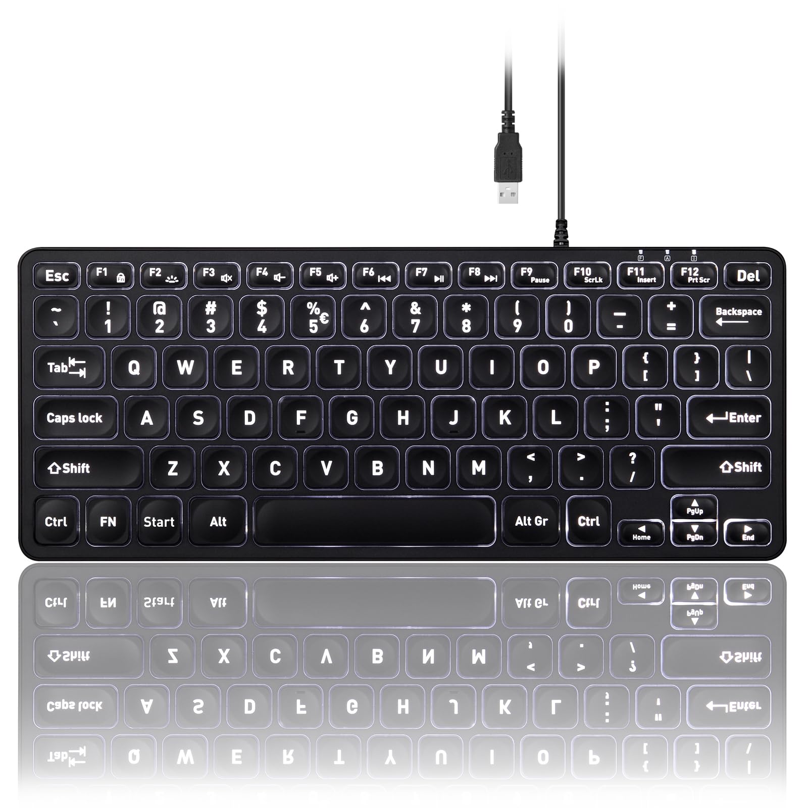 Perixx PERIBOARD-332 Wired Backlit USB Keyboard - Mini 11.22x4.57x0.83 Inches - Slim Scissor Keys with Big Font - White Illuminated LED - US English Image