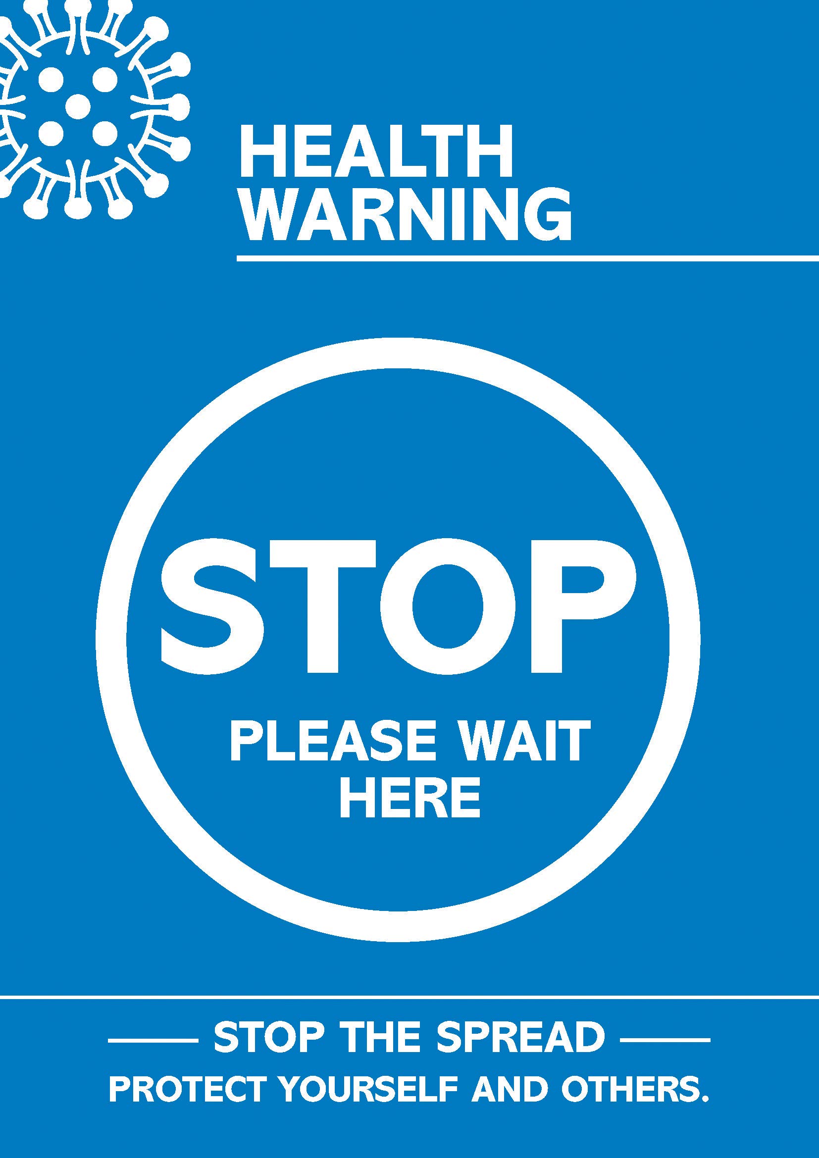 SECO Coronavirus Essential Poster - "Health Warning - Stop - Please Wait Here", A4, Blue and White
