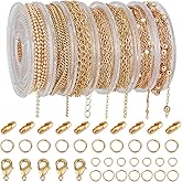 Beebeecraft 46FT 7 Styles 18K Gold Necklace Chains for Jewelry Making DIY Bracelet Chain Making Kits with 4/5/6mm Jump Rings Lobster Clasps Connectors for Necklace Making Accessories