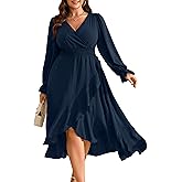 RWJ Women's Plus Size Wedding Guest Maxi Dress Wrap V Neck Long Sleeve High Low Ruffle Cocktail Fall Dresses