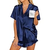 Ekouaer Womens Satin Pajamas Set Button Down 2 Piece Silk Pjs Shorts Set Ruffle Lingerie Notch Collar Sleepwear