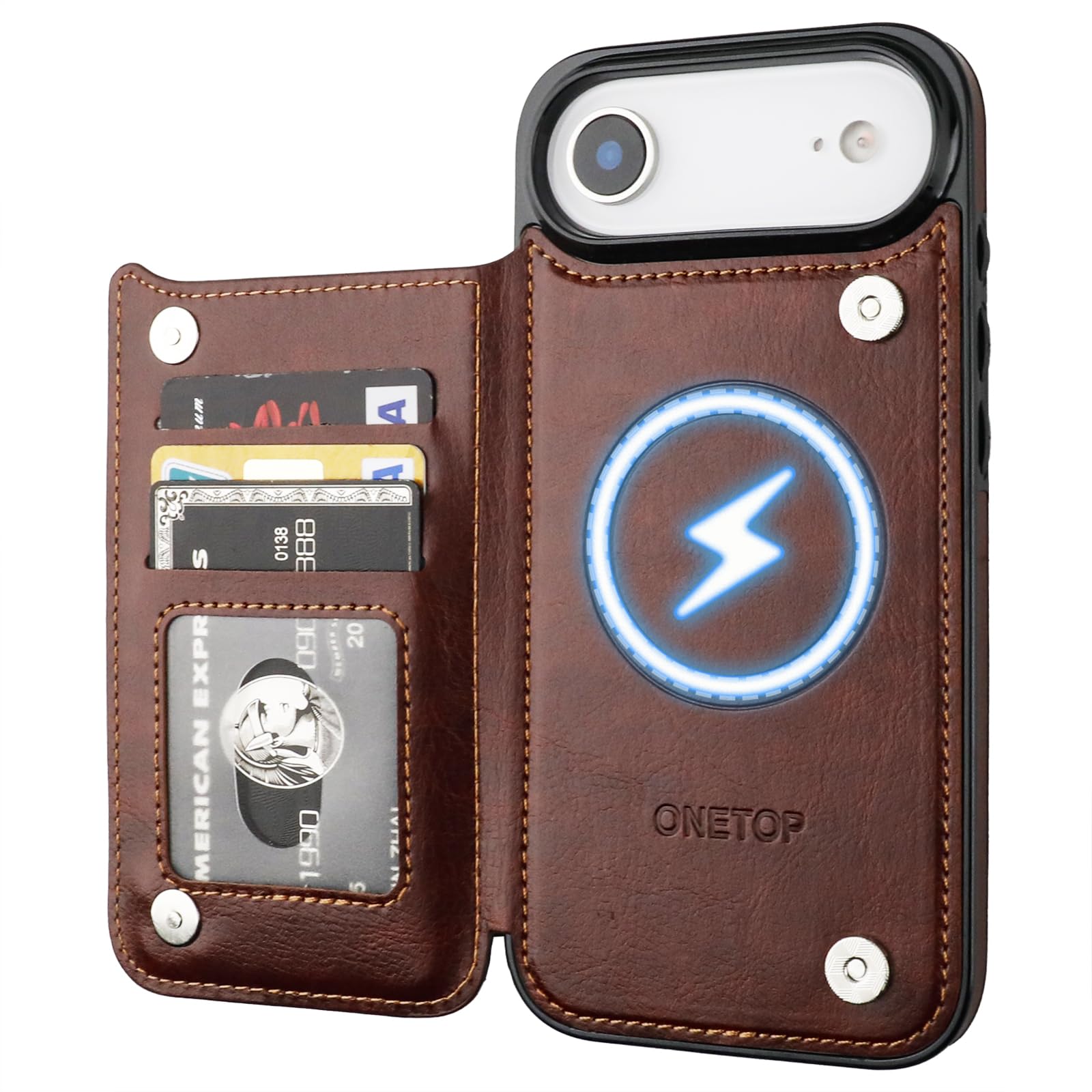 ONETOP Compatible with Magsafe for iPhone 17 Air Wallet Case with Card Holder, PU Leather Kickstand RFID Blocking Case, Double Magnetic Clasp and Durable Shockproof Cover 6.5 Inch (Brown)