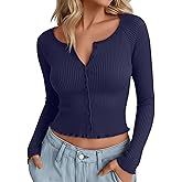 Oakgarden Women's Cropped Cardigan Cotton Long Sleeve Ribbed Y2k Button Down Shirt Scoop Neck Slim Fit Fall Top