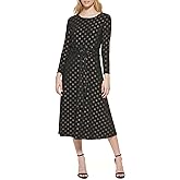Tommy Hilfiger Women's Long Sleeve V-Neck Belted Pleated Skirt A-Line Midi Dress