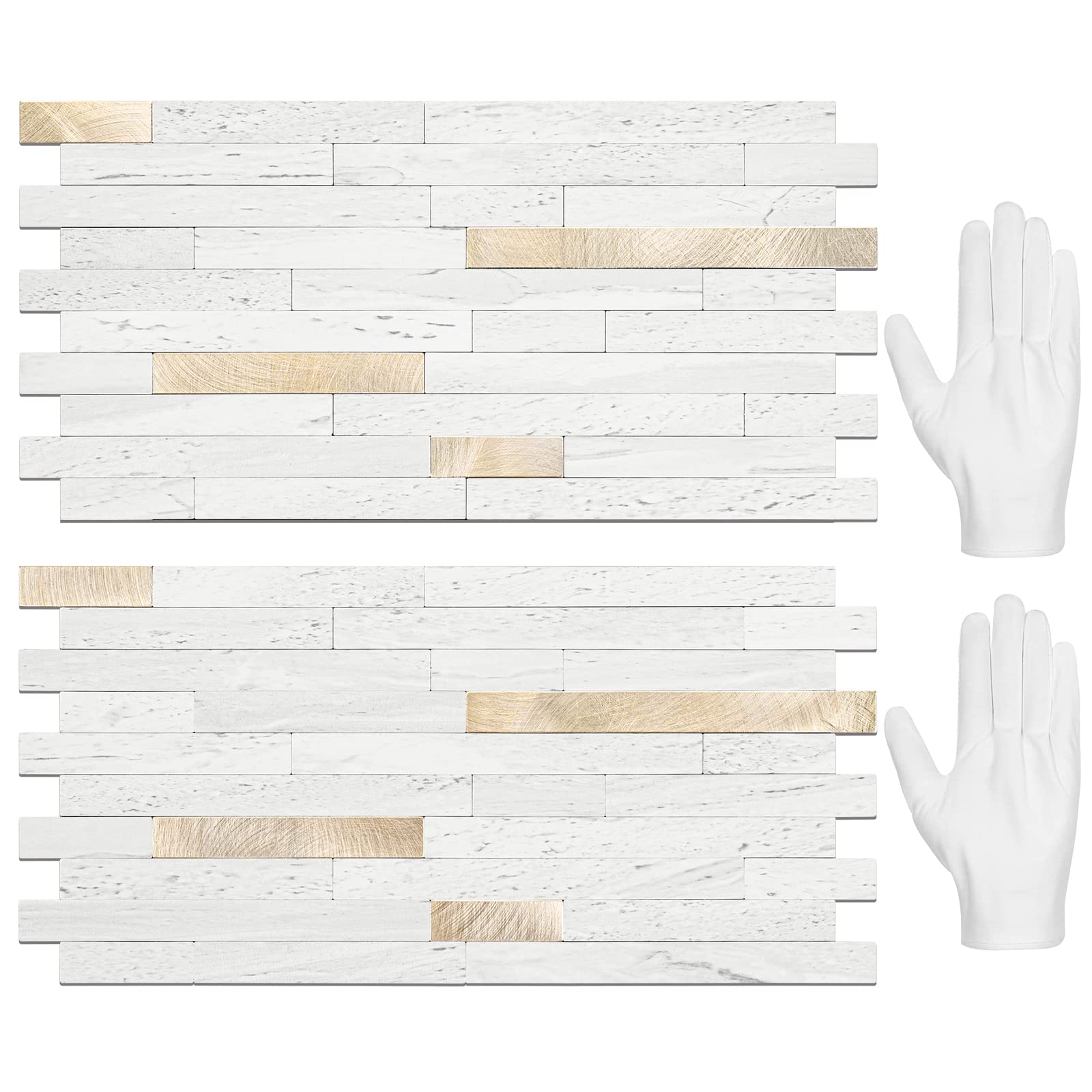Photo 1 of STICKGOO 20 Sheets Peel and Stick Backsplash Tile, Stick on Backsplash for Kitchen and Bathroom, White Sandstone Look PVC Mixed Metal Gold Self Adhesive Wall Tiles