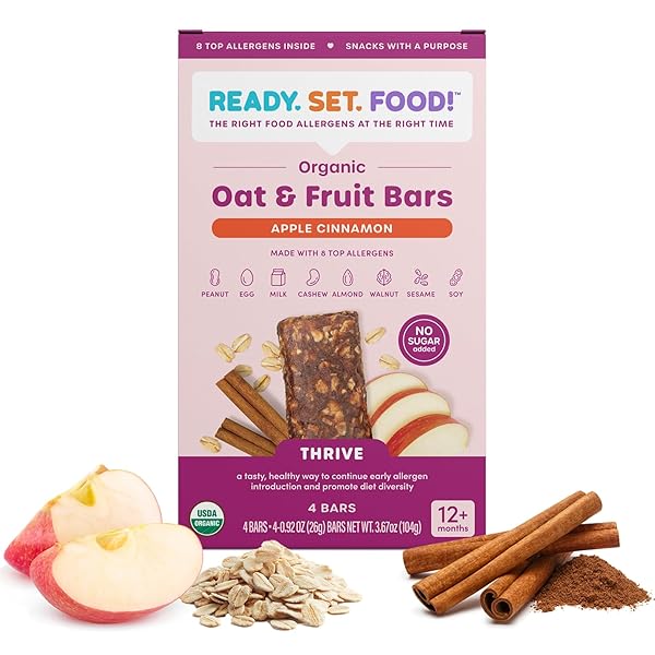 READY, SET, FOOD! ORGANIC OAT & FRUIT BARS | APPLE CINNAMON | ORGANIC BABY TODDLER SNACK BAR WITH 8 TOP ALLERGENS: PEANUT, EGG, MILK, CASHEW, ALMOND, WALNUT, SESAME, SOY | NO SUGAR ADDED
