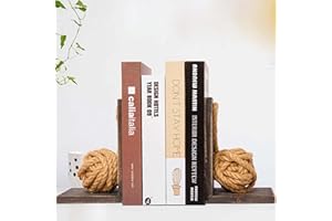 DD DEFINED DECO Defined Deco Decorative Simple Light Black 2 PC Vintage Wood Bookends with Heavy Nautical Knot Rope, Beach House Book Ends for Shelves, Home Sturdy Book Holders, L Shaped Office Bookends