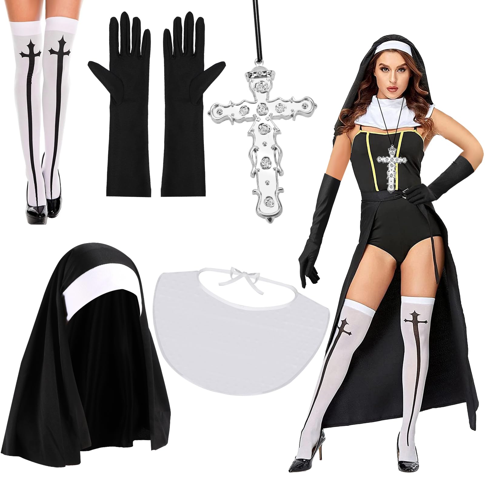 XEPST 5PCS Monastic style Costumes for Women - Gothic Outfit Accessories with Headpiece Collar Gloves Necklace White Knee High Socks Halloween Costumes for Women Cosplay Carnival Fancy Dress Up — image 1