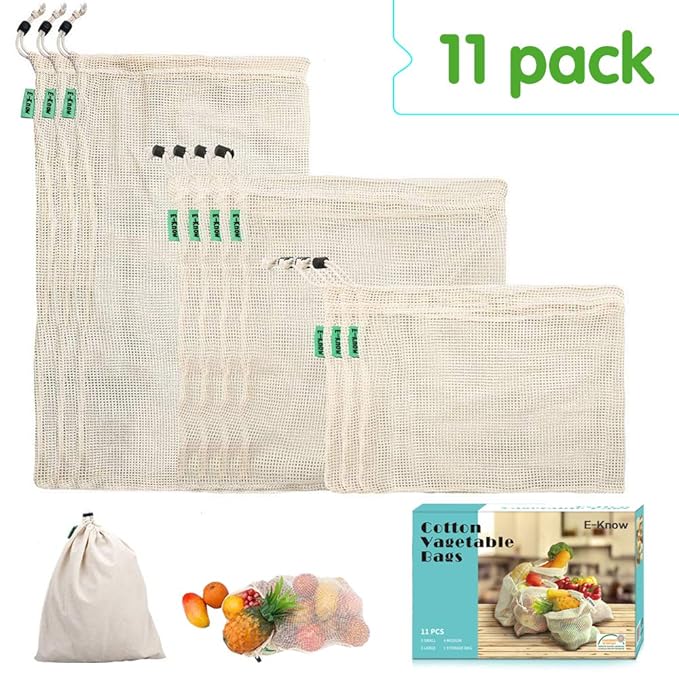 E-Know Gemüsebeutel aus Baumwolle,11er Set Obst und Gemüsebeutel Natural Mesh Baumwolle , Zero-Waste (3 Kleine, 4 Mittlere, 3