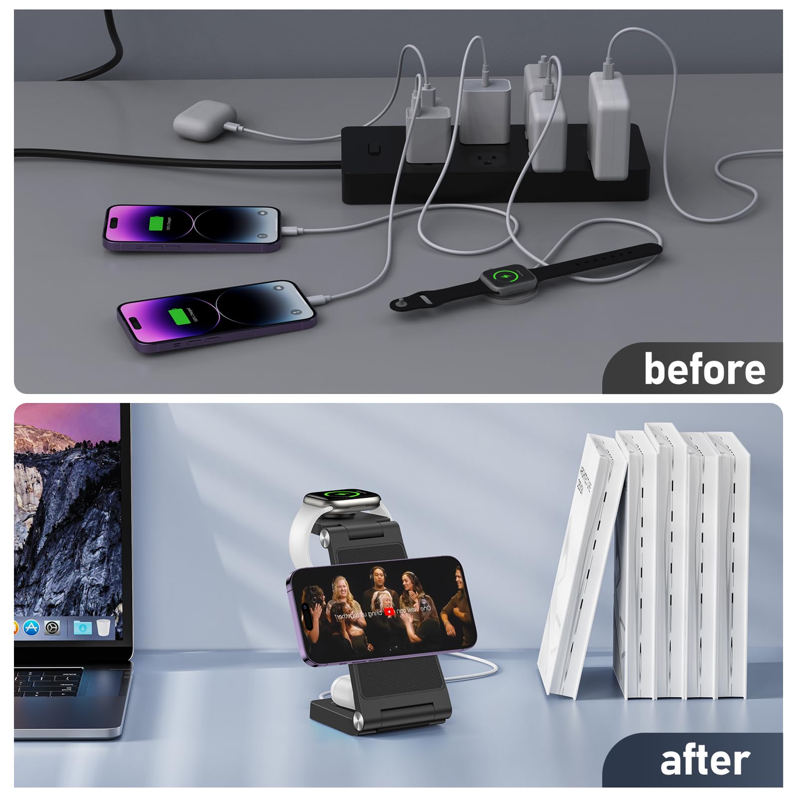 Magnetic Wireless Charger Stand, 3 in 1 Foldable Wireless Charging Station, Travel Charger for Multiple Devices for iPhone 16 15 14 13 12 Series, Apple Watch Ultra/9/8/7/6/5/4/3/2, AirPods