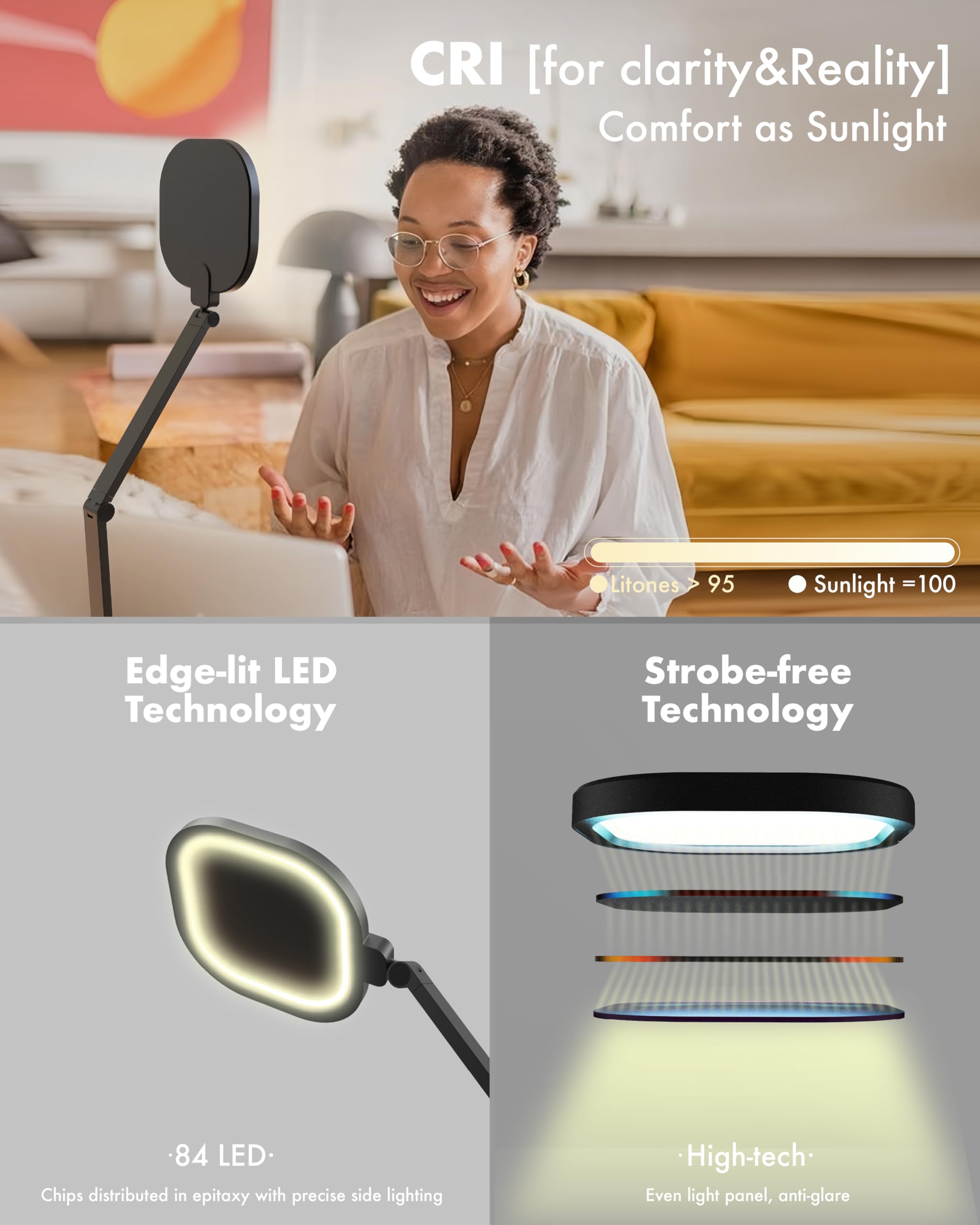 LitONES LED Desk Lamp for Home Office, 15W Computer Zoom Lighting with Swing Arm, Memory & Timer Function, Dimmable Desktop Ring Light for Video Calls, Conference, Reading, Streaming, Podcasting