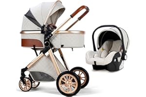 DAKOMYO 3 in 1 Baby Travel System Infant Baby Stroller Pushchair High Landscape Reversible Foldable Portable Stroller Newborn Pram Reclining Baby Carriage (Beige)