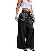 XNMHL Wide Leg Cargo Pants for Women High Waist Shiny Trousers with Pockets