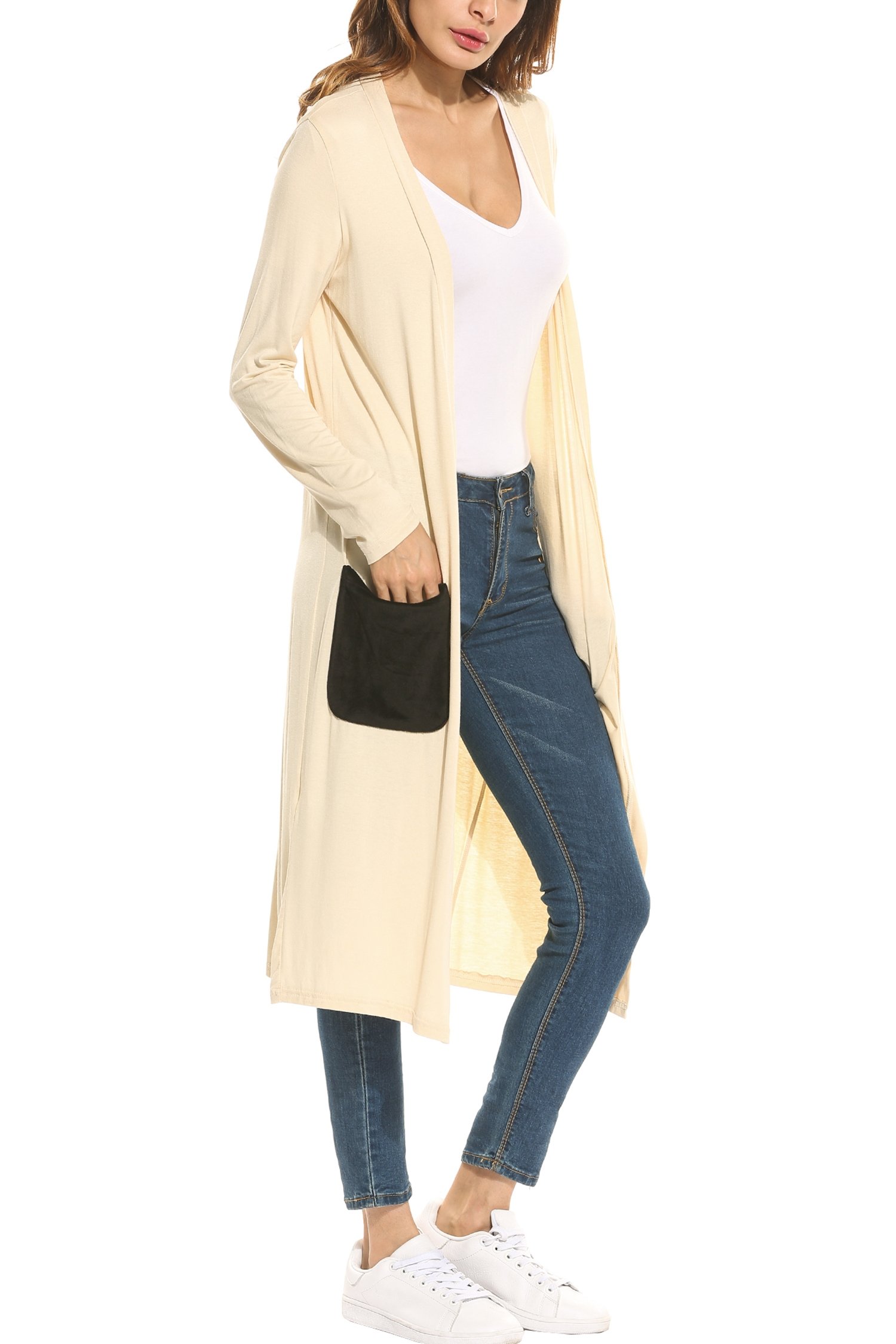 Meaneor Women\'s Open Front Long Sleeve Waterfall Classic Knit Cardigan Off White M