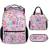 PAKKITOP Backpack with Matching Lunch Box for Girls, Axolotl Backpacks with Lunch Bag Pencil Case Combo for Kids, Cute Bookbag and Pencil Case Bundle, Pink Cartoon School Supplies
