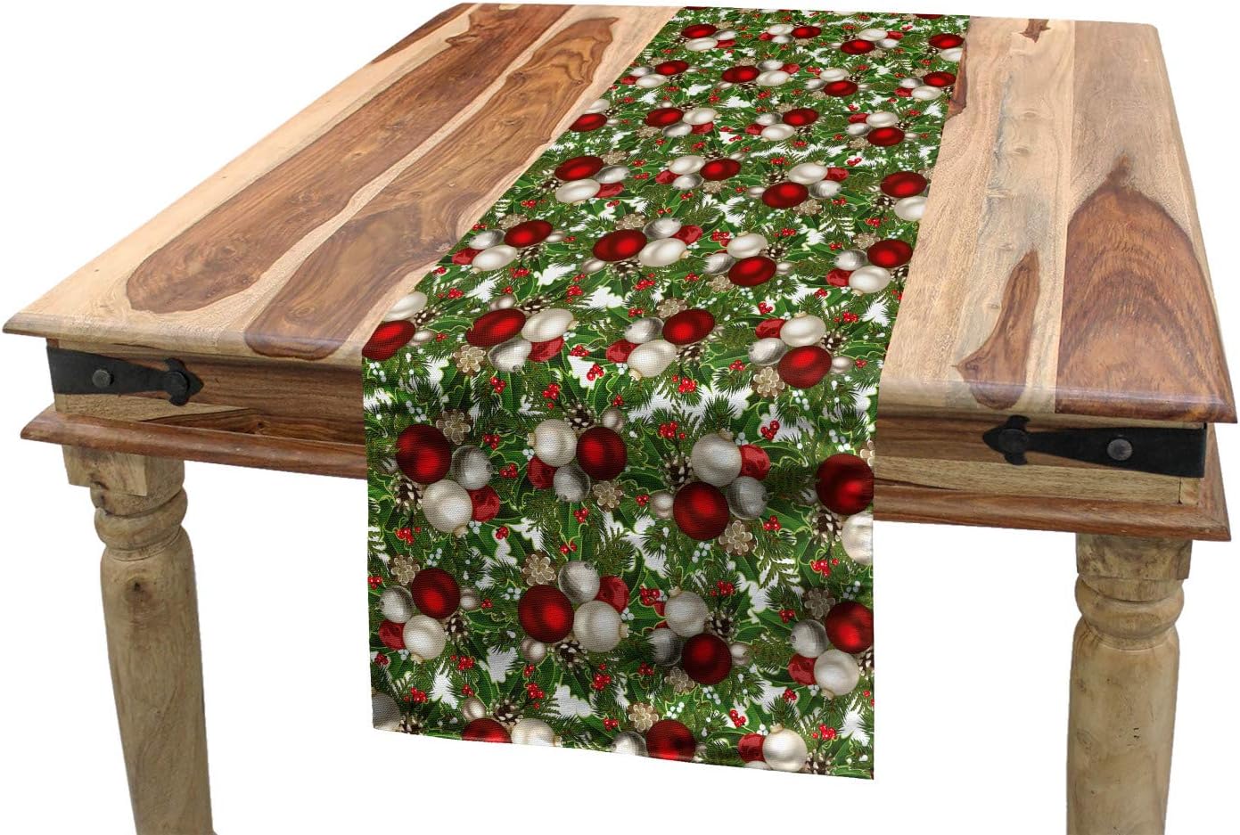 Ambesonne Christmas Table Runner, Pine Fir Cones Balls and