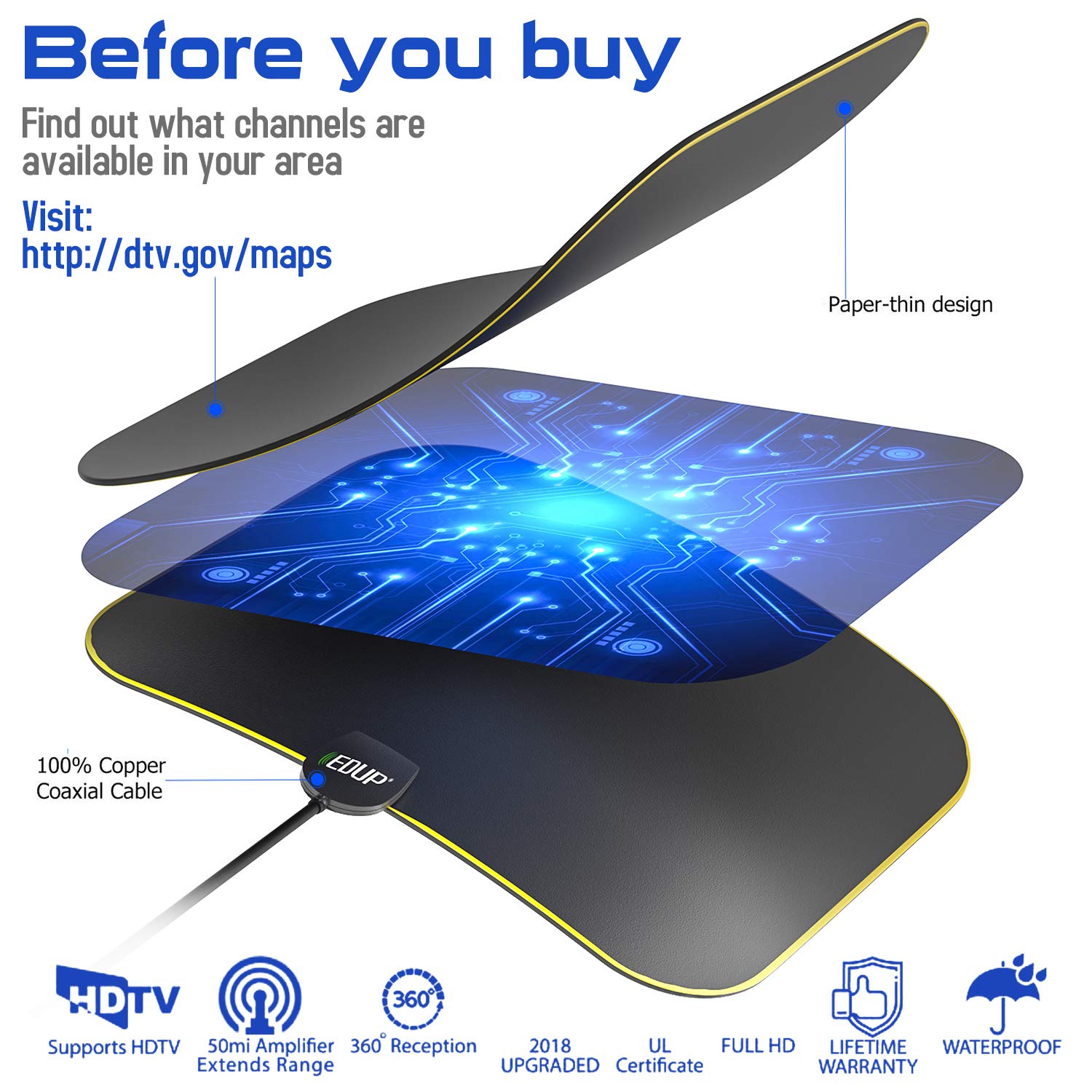 EDUP EP-5101 HD Digital TV Antenna Long 65-80 Miles Range - Support 4K 1080P & All Older TV\'s Indoor Powerful HDTV Amplifier Signal Booster-10ft Coax Cable