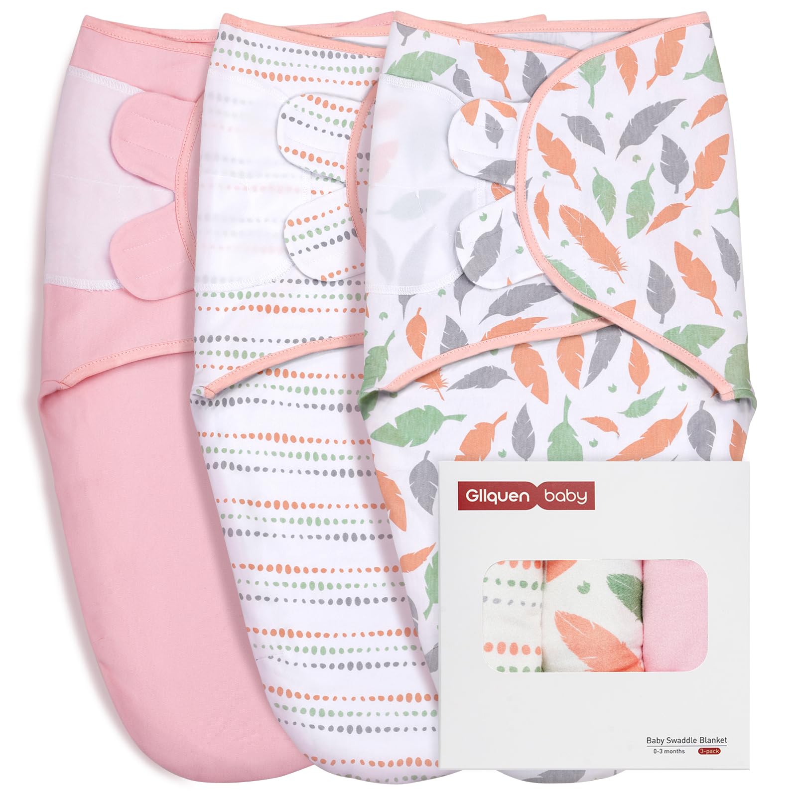 GLLQUEN BABY Baby Swaddle Wraps for 0-3 Months Newborn,Oeko-tex100,100% Breathable Organic Cotton Fabric Swadding Blankets,3 Pack(Pink)