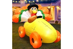 MICOCAH 6FT Long Thanksgiving Inflatables Turkey Outdoor Decorations with Pilgrim Hat Driving Corn Car, Built-in LEDs Blow up Turkey Inflatable for Autumn Holiday Outdoor Indoor Lawn Yard Decoration