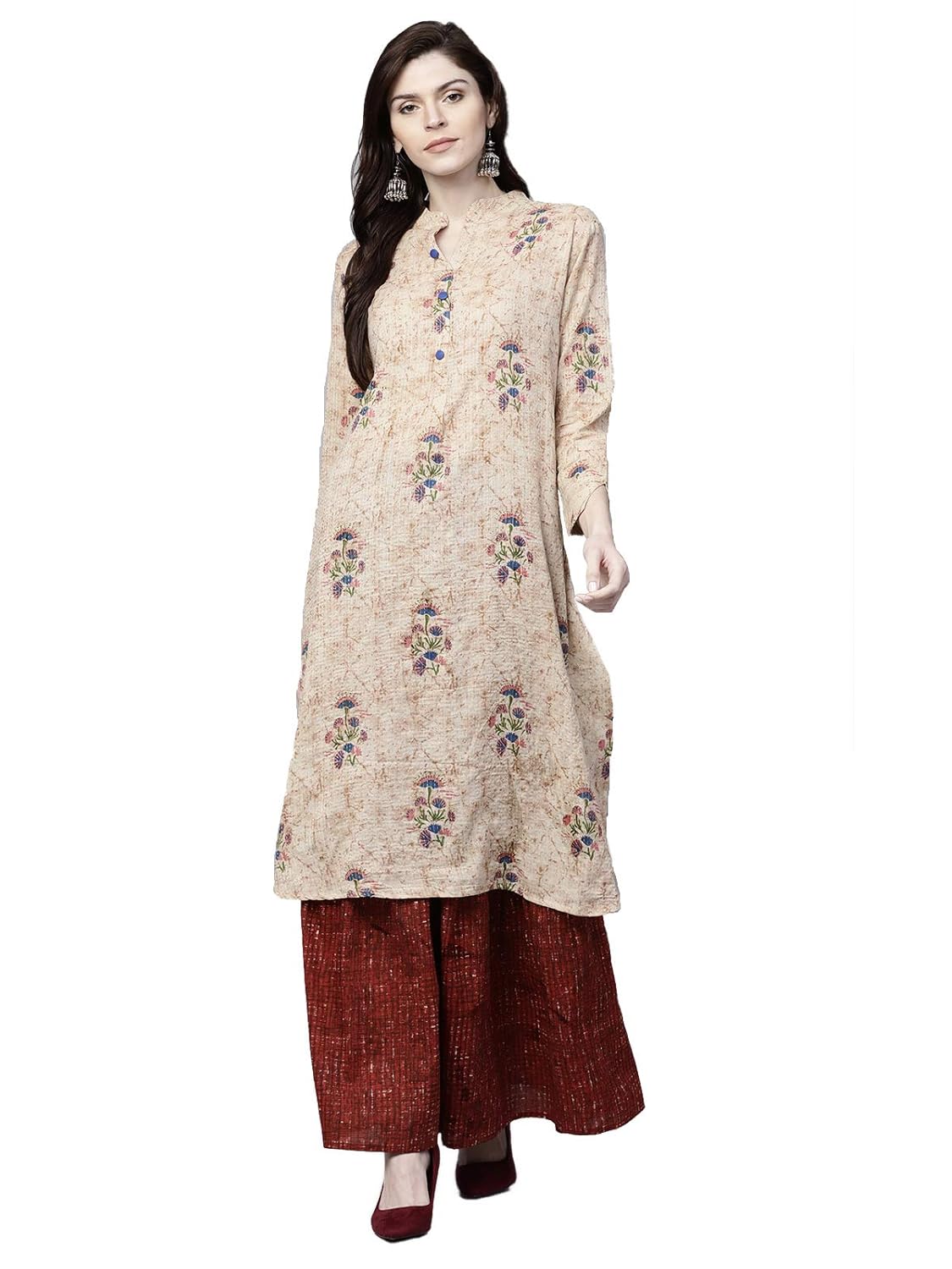ishin women's cotton beige printed a-line kurta palazzo sets